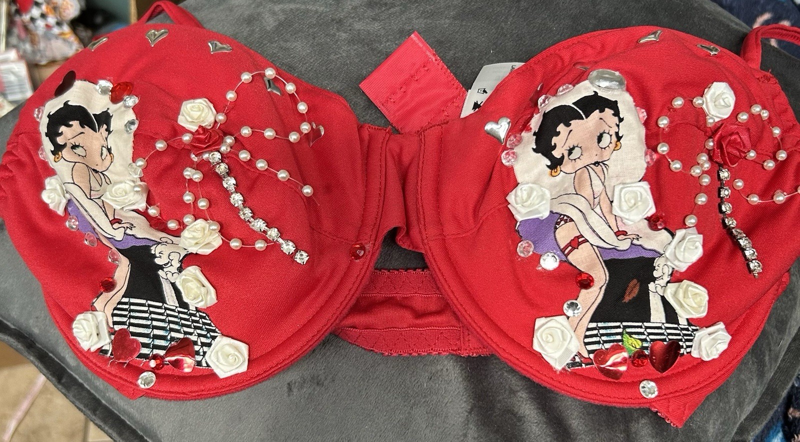 Betty Boop Red Bra 38D Handmade W/ Betty Boop Fabric/Stones/Roses-Very RARE!❤️❤️