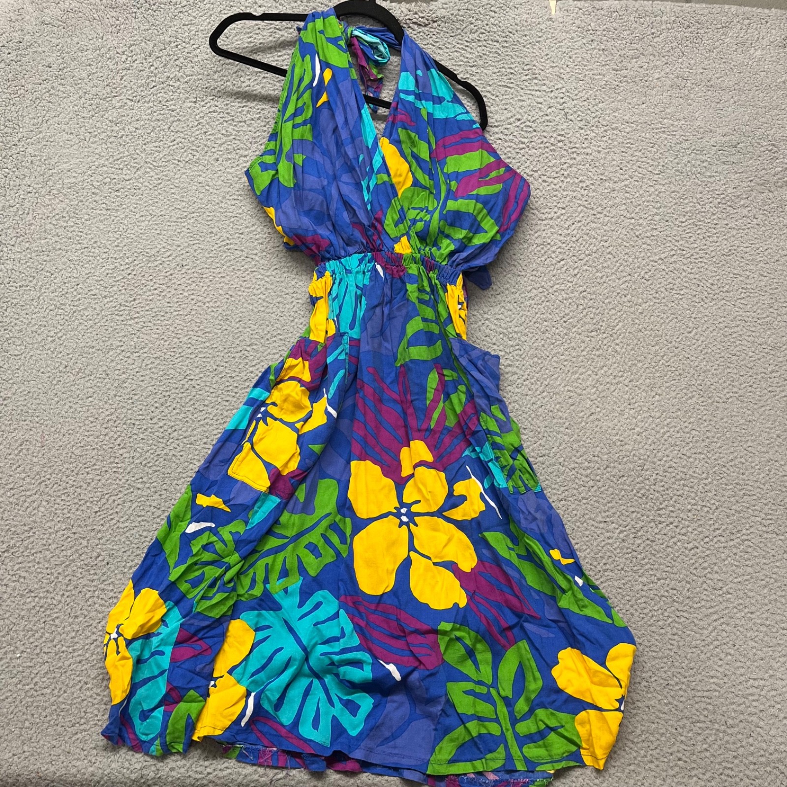 Vintage Tropical Halter Dress Womens S Colorful Hawaiian Resort Wear Retro Beach