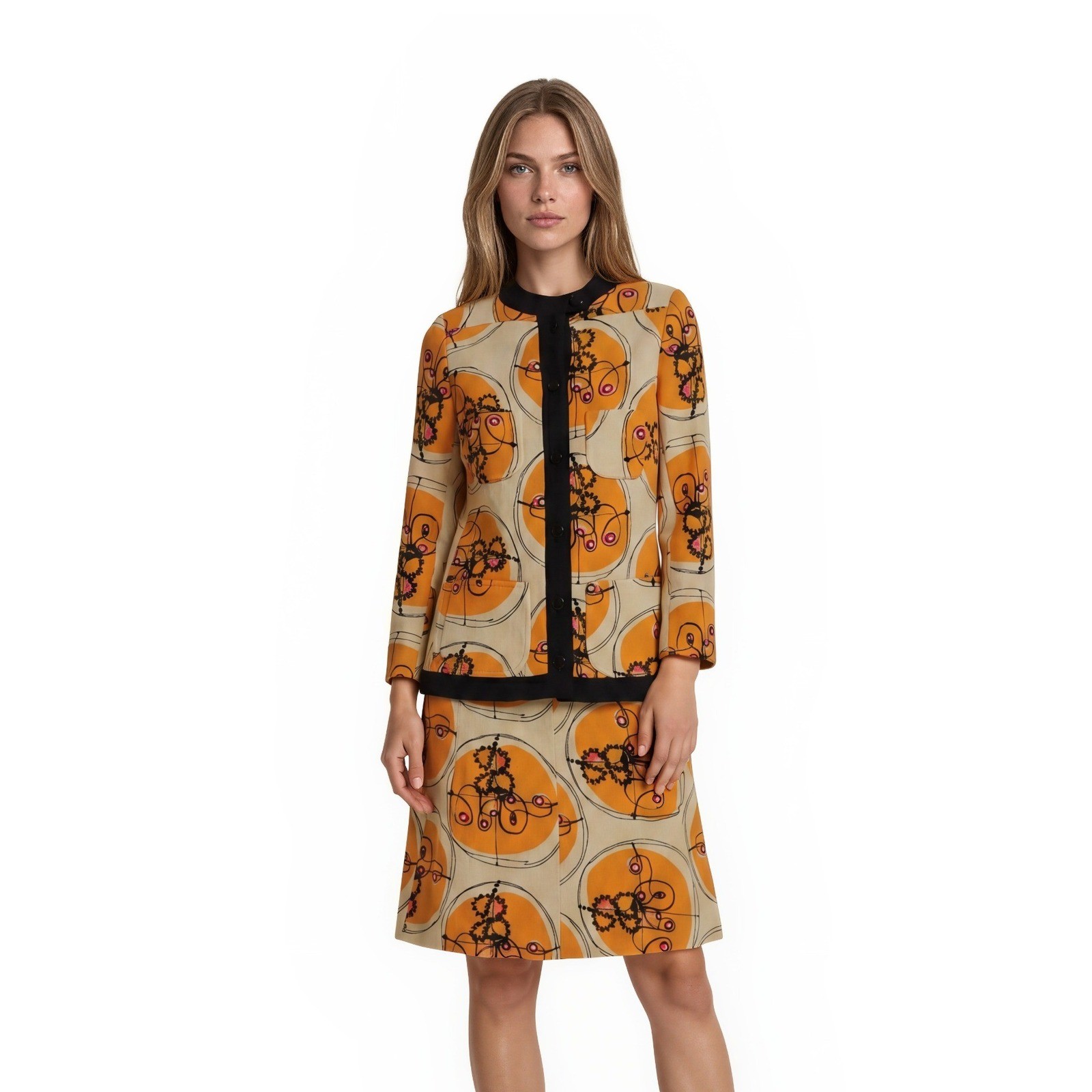 Emanuel Ungaro Skirt Suit Women&rsquo;s Size 6 Orange Abstract Mod Vintage 1960s Paris