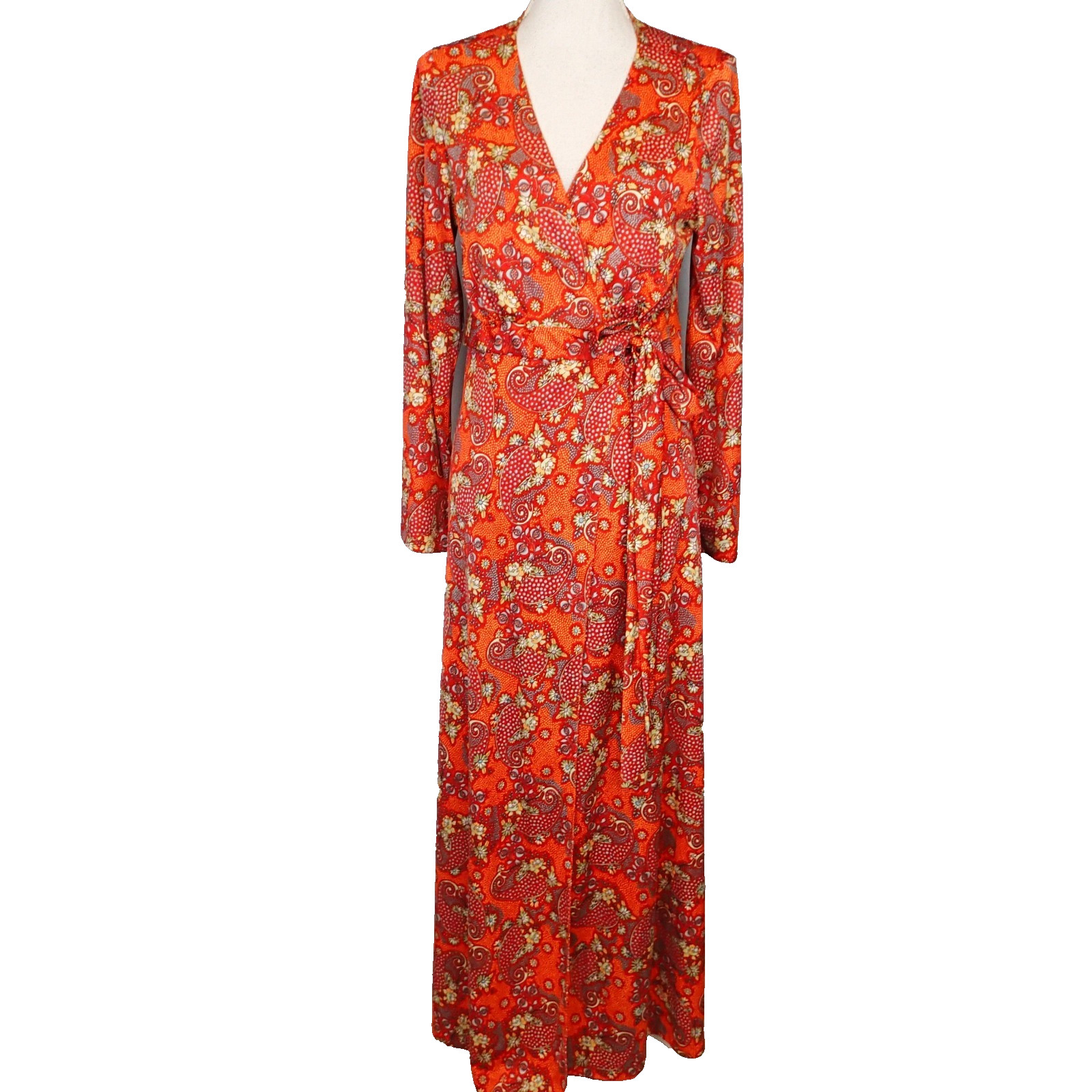 VTG 70s Sears Floral Maxi Wrap Dress Cottagecore Boho nylon 38/40 paisley orang