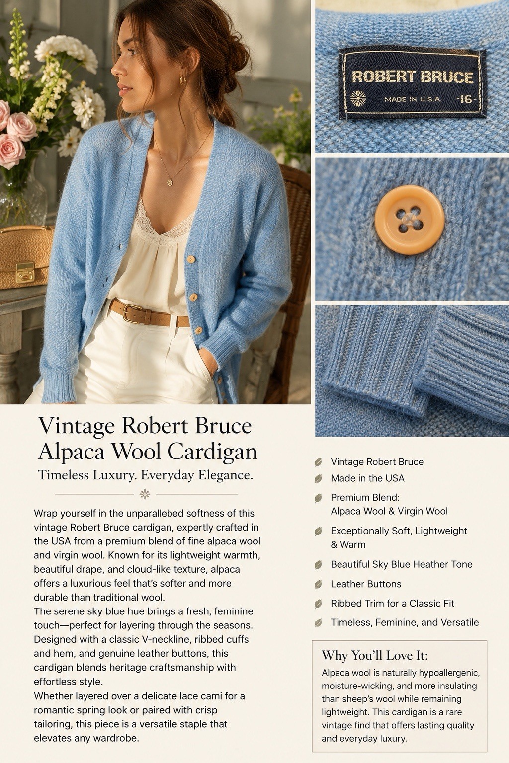 Vintage Robert Bruce Alpaca Wool Cardigan Union Made USA Blue SoftWarm Old Money