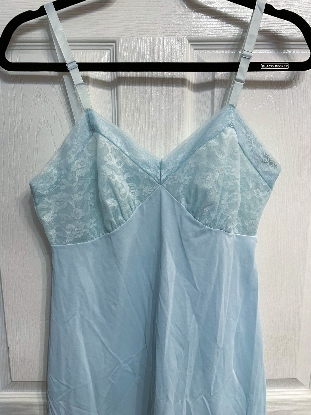 Vintage Evette Slip Nightgown Size 36 Lace Trim Nylon USA Made Baby BLUE Sissy