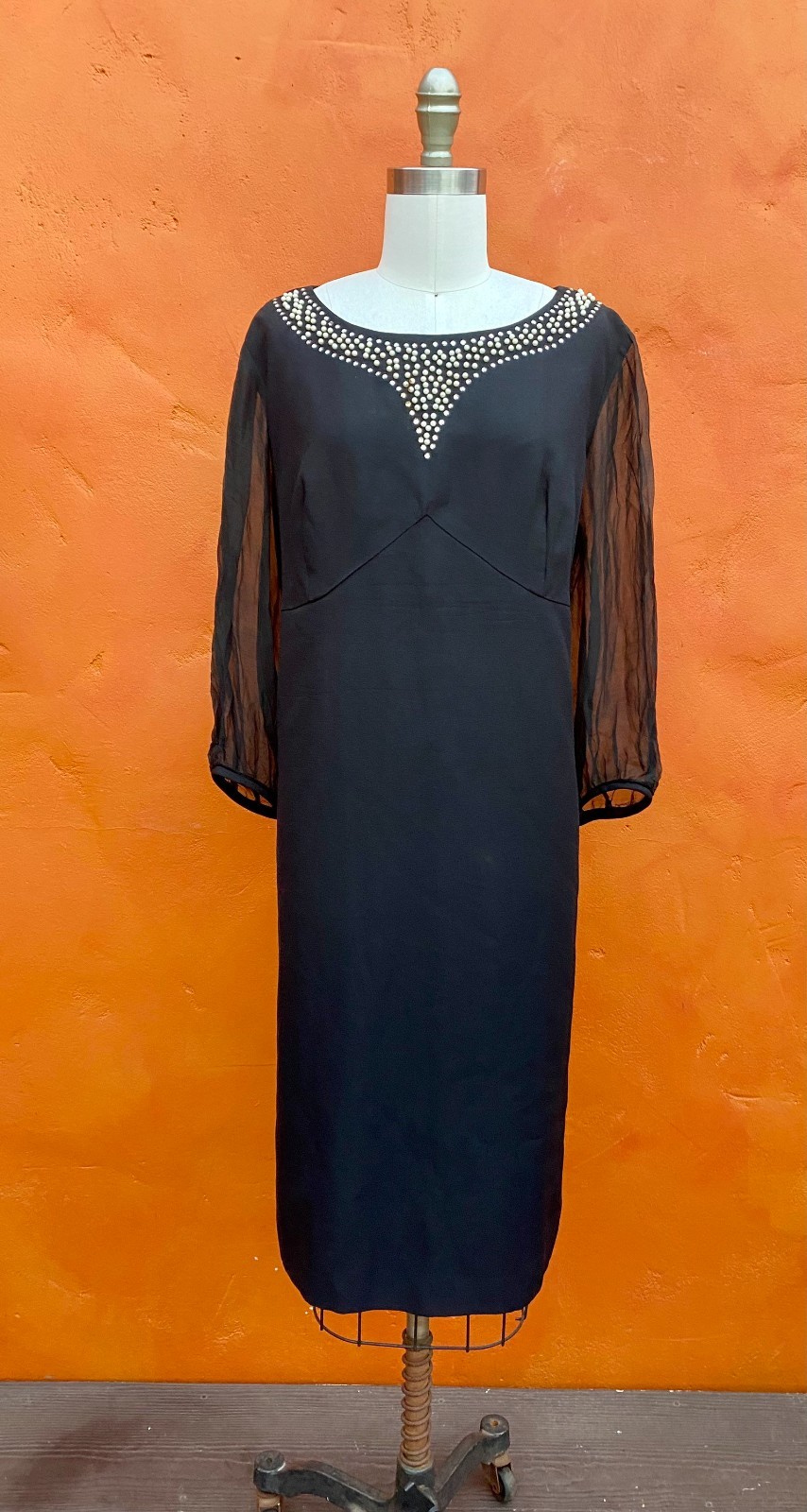Vintage 1960s Black Beaded Rhinestone Dress. Party Cocktail Plus Size XXL 2XL