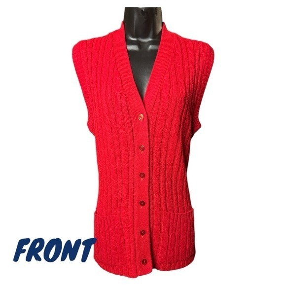 Vintage Montgomery Ward Red Button down Cable Knit Sweater Vest w pockets