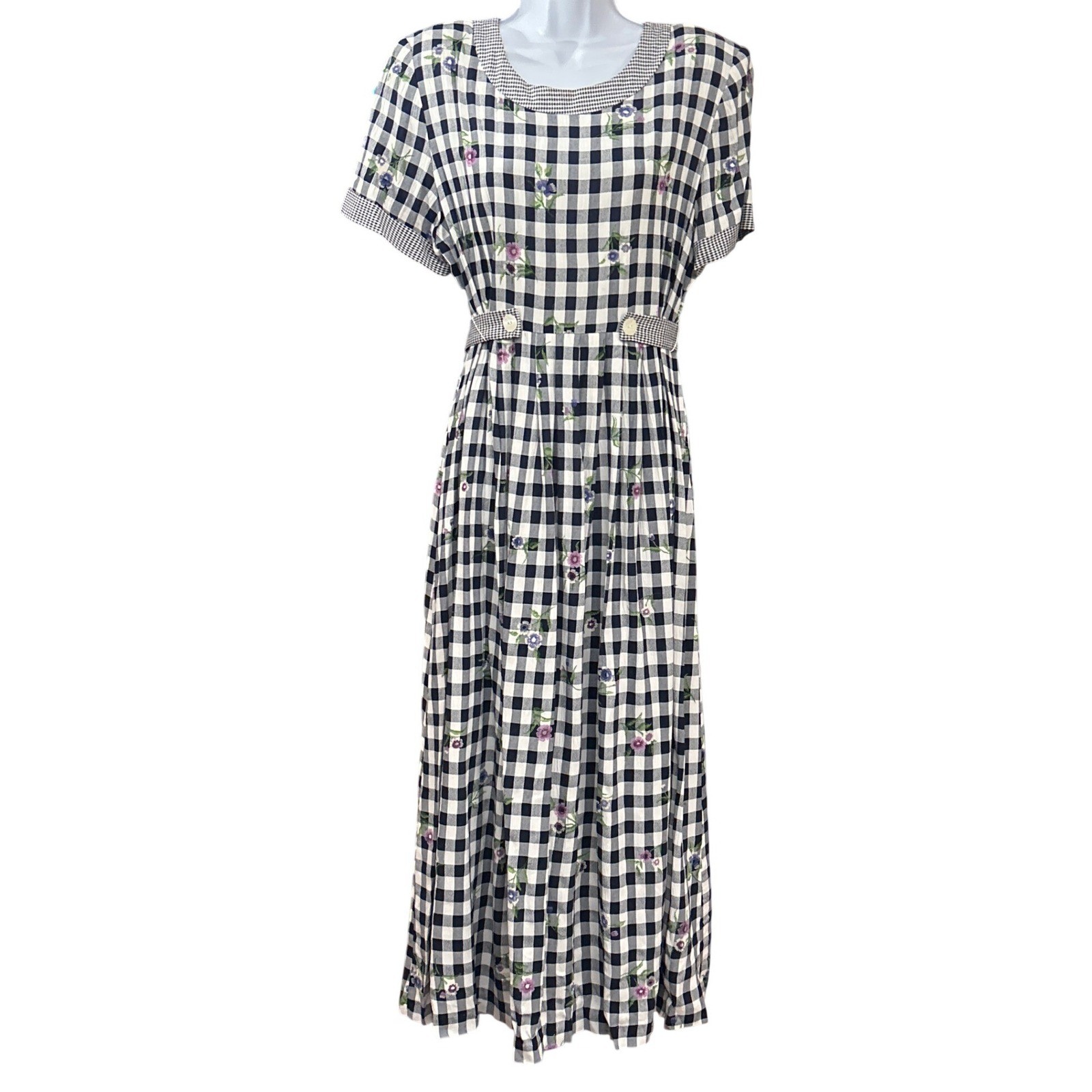 Vintage 90s S.L. Fashions Gingham Floral Midi Dress Cottagecore Picnic Aesthetic