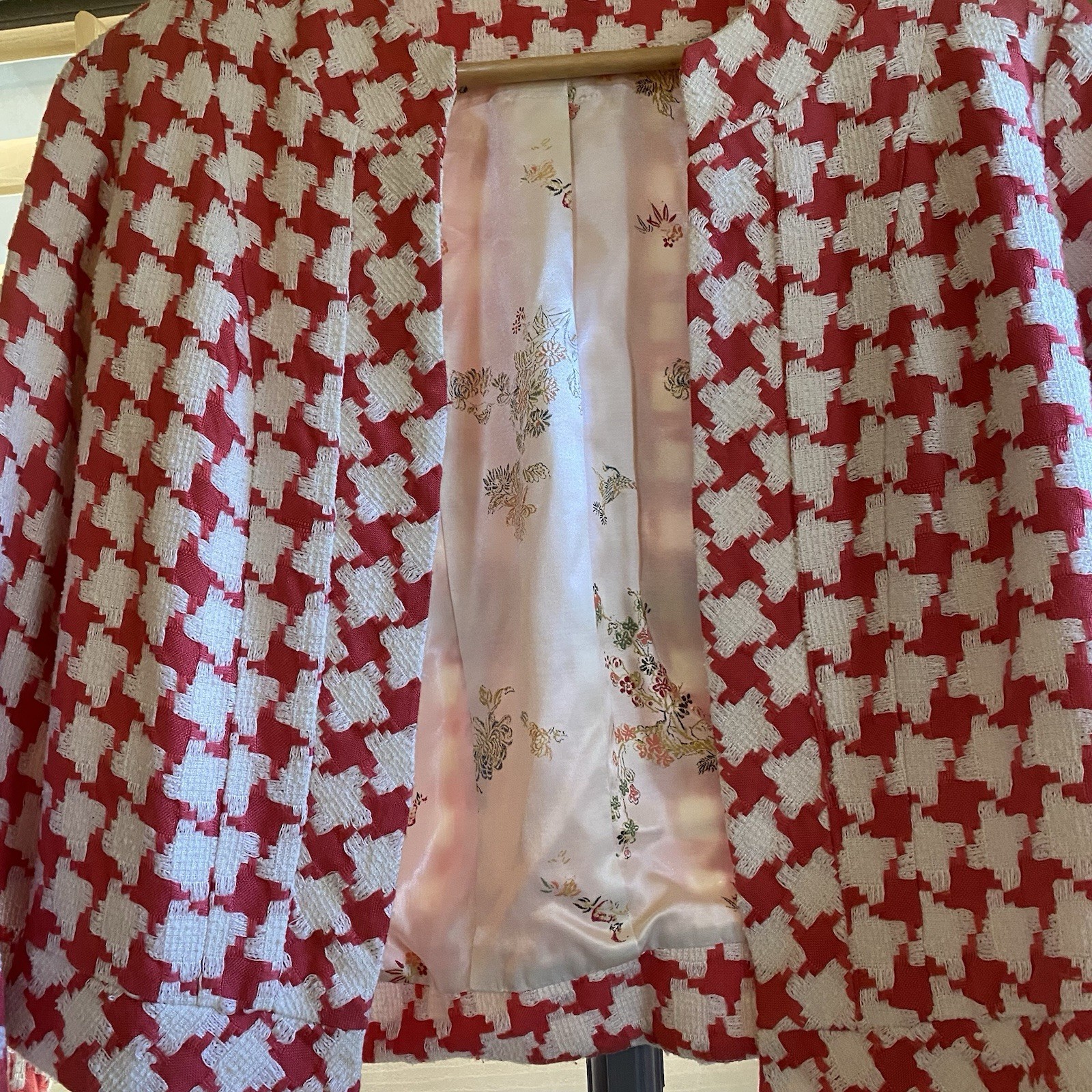 Vintage Handmade Pink Plaid Short Jacket With White Floral Satin Lining