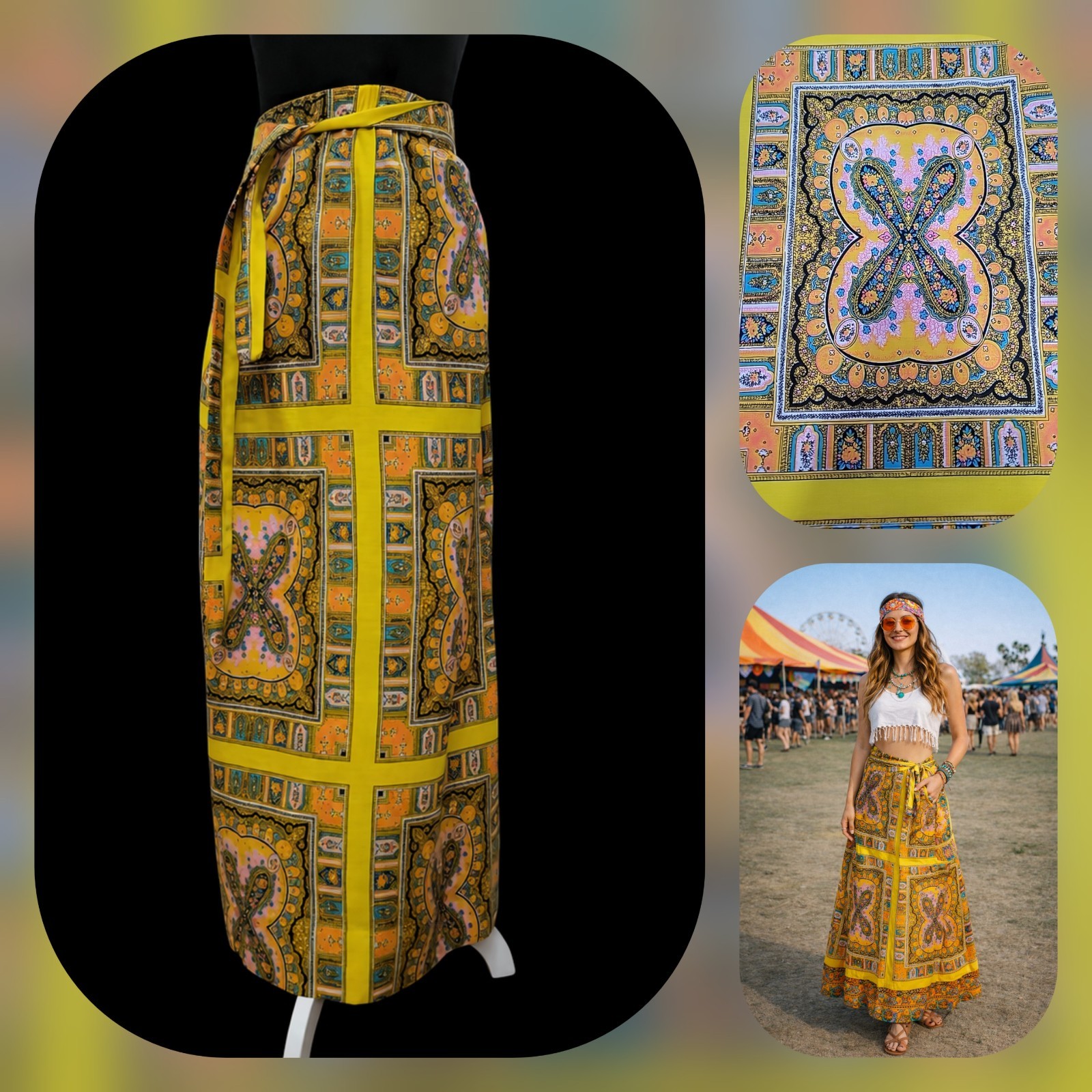 Vintage Psychedelic Cotton Maxi Groovy Skirt Scarf Print Boho Festival 70s