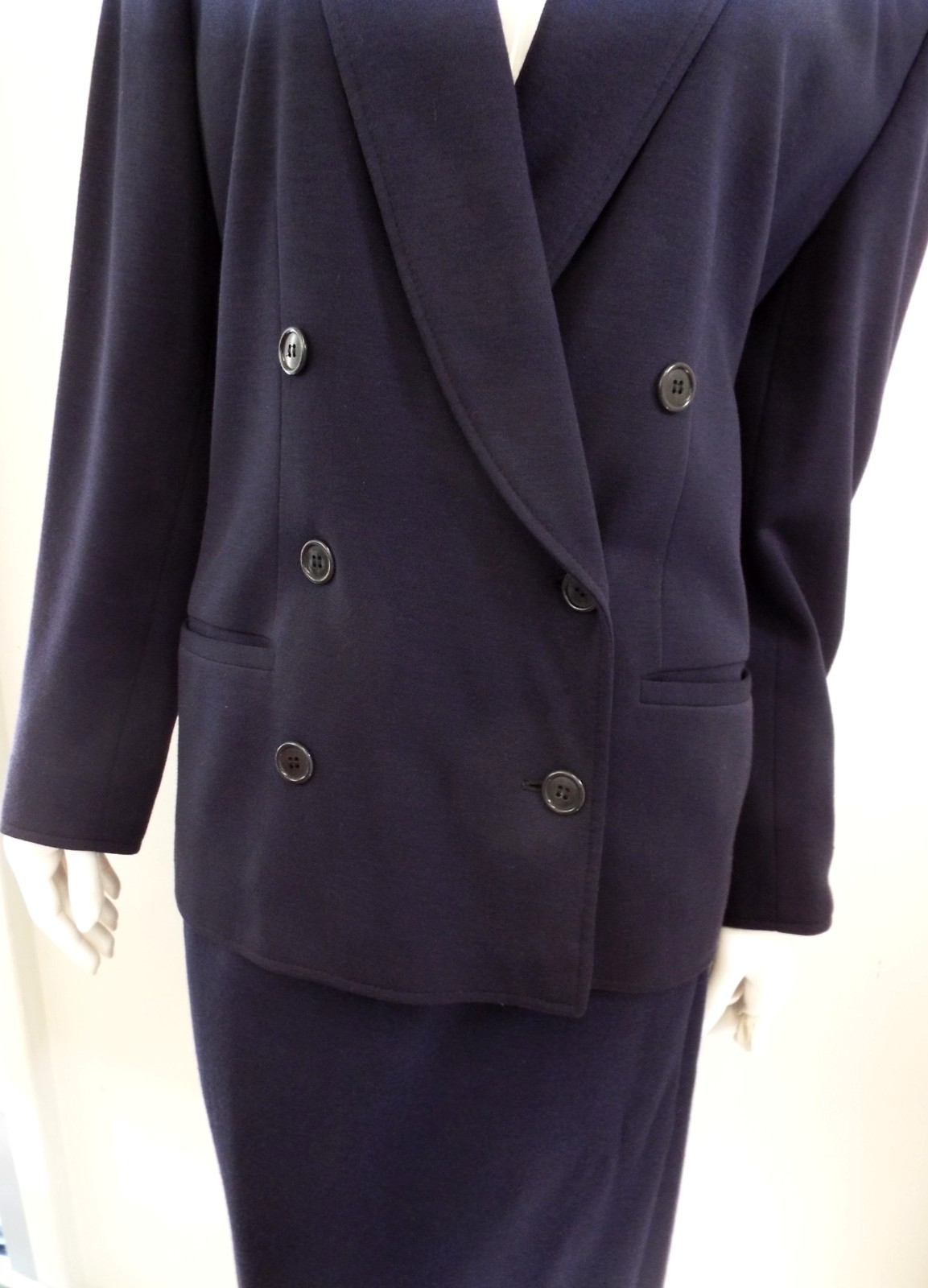 Vintage Giorgio Armani Navy Blue Wool Skirt Suit Double Breasted Blazer 44 Italy
