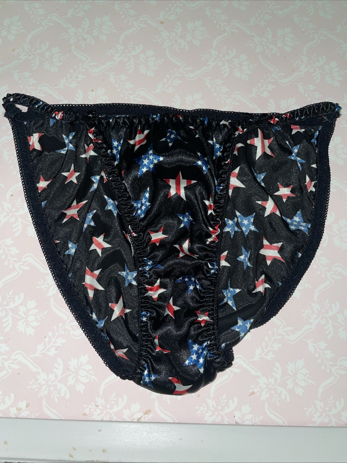 Vintage Satin String Bikini Panties/Bows Classic True VTG Silky L/7 USA STARS