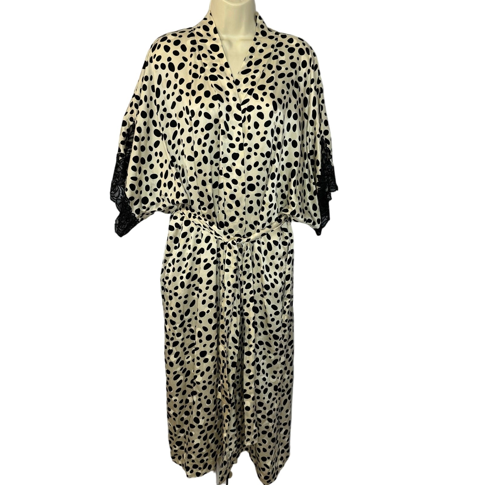 Vintage Natori Silk Lace Long Robe Polka Dot Ivory Black Retro 90s Y2K Sz L