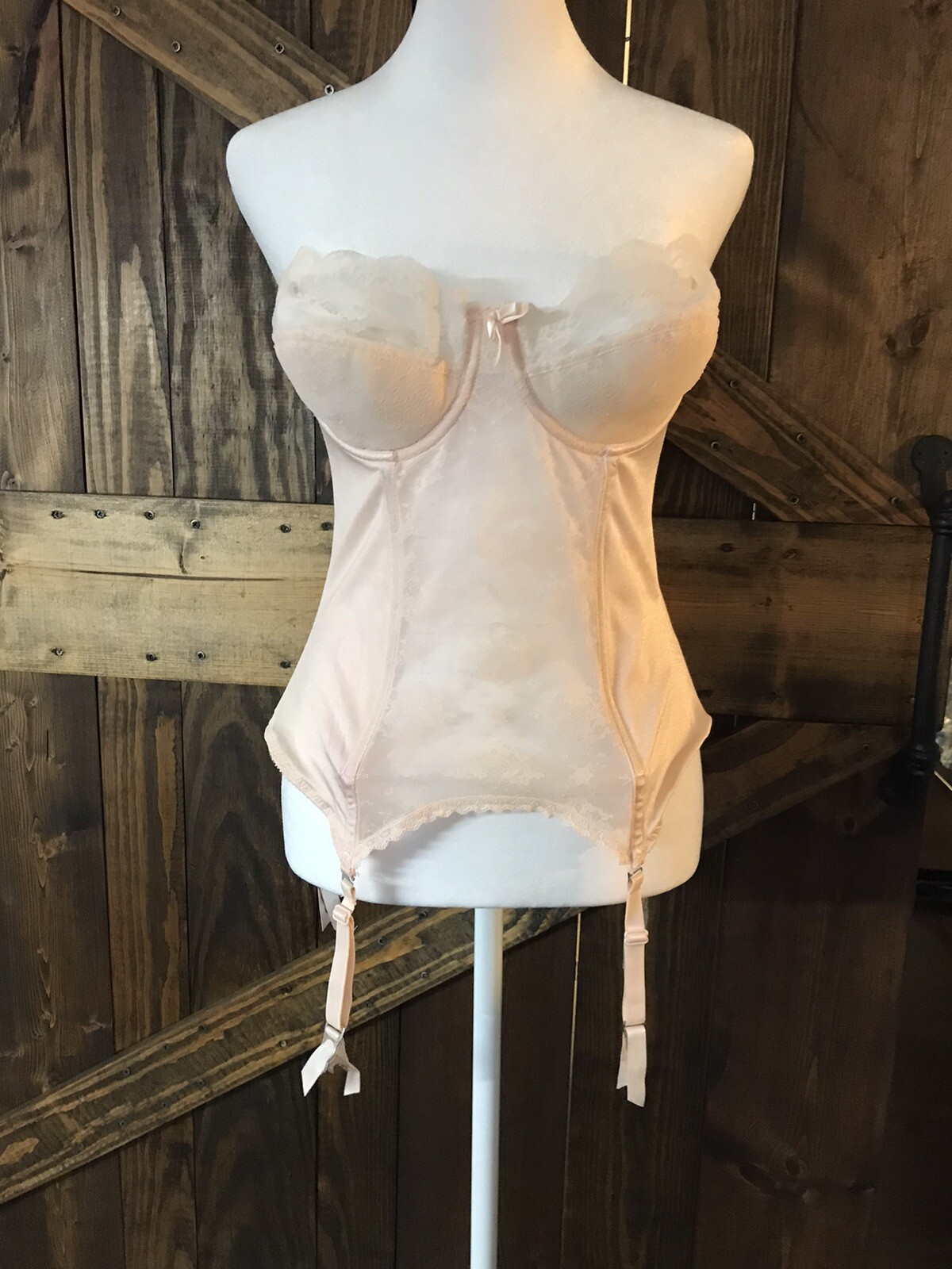 Vintage 1950s LADY MARLENE Bustier Corset Bra w/Garters Pink Lace Strapless Sz38