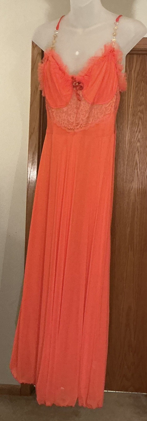 Full Sweep Orange Citron See-Through Lace FULL SHEER Chiffon Nightgown Gown L