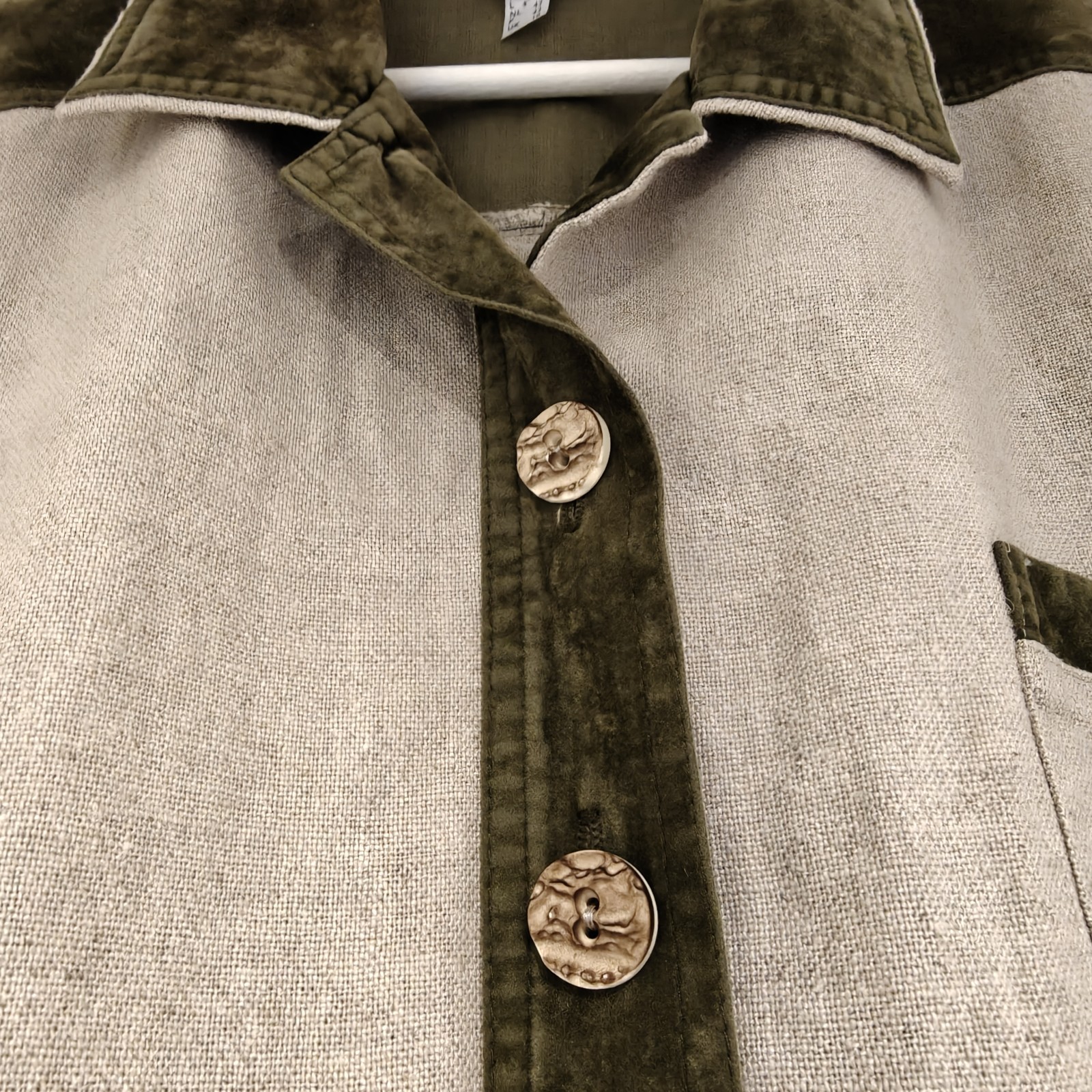 Your Sixth Sense C&A Linen Blend Blouse Vintage Beige Khaki Velvet Trim UK 16
