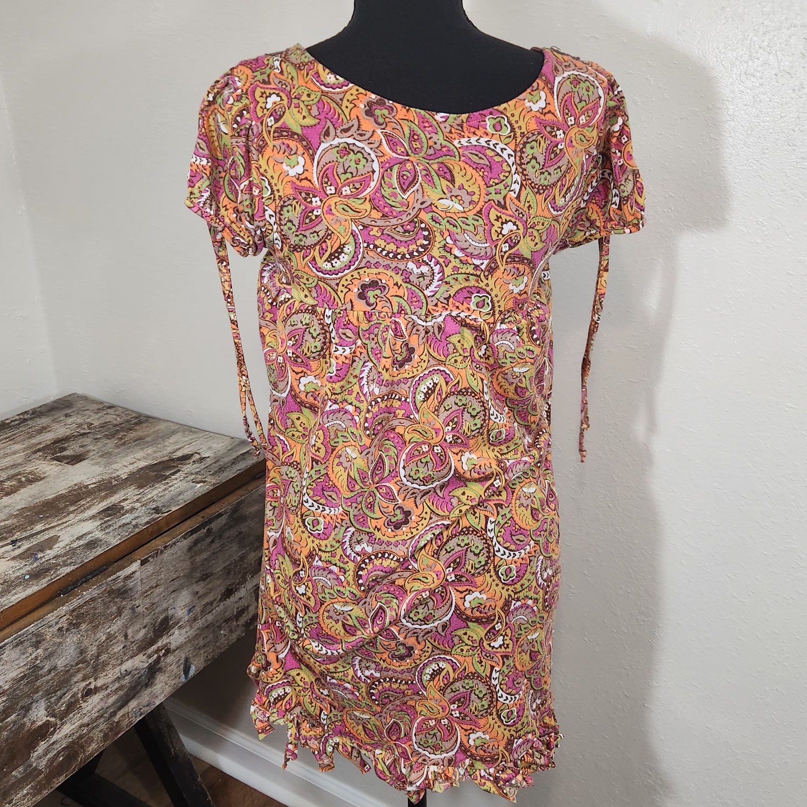 Vintage Wet Seal Y2K 90s Dress M Babydoll Crochet Fringe Colorful Paisley Tunic