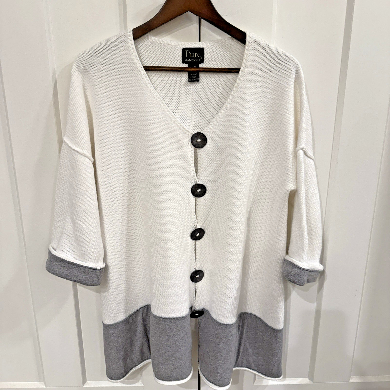 Vtg Pure Handknit White Sweater X/XL Metal Buttons Late 1990s