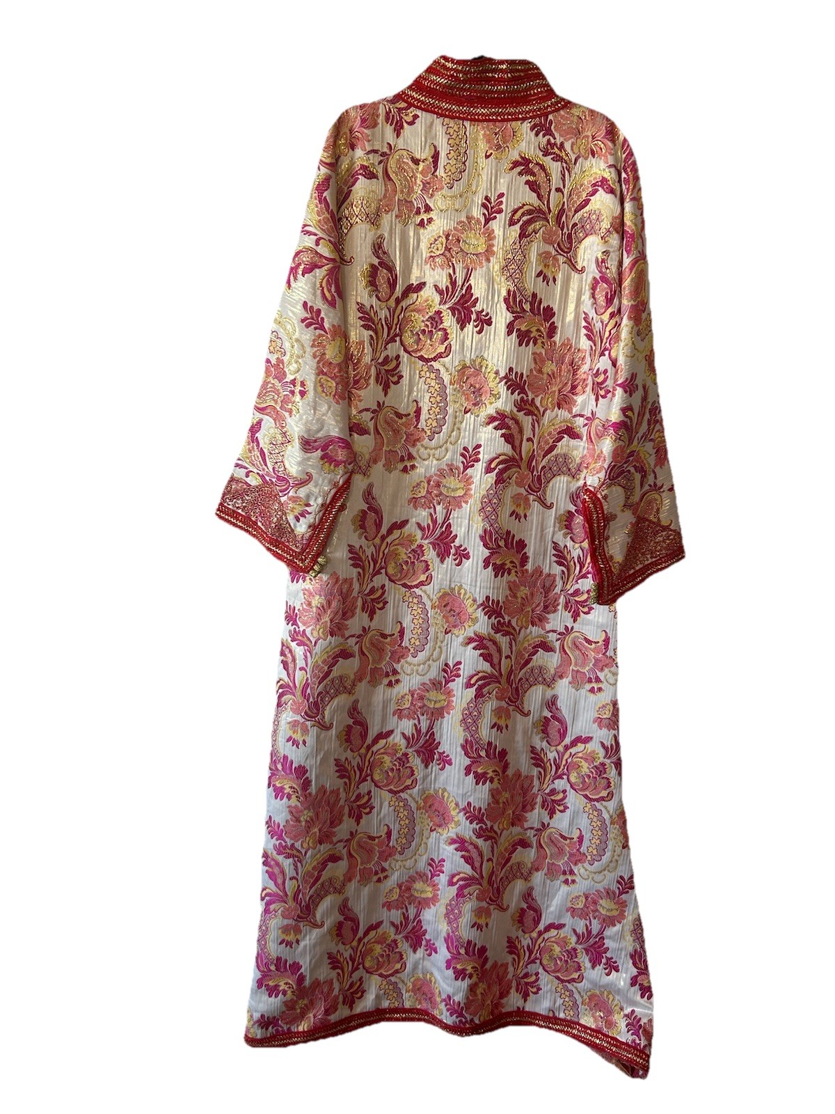 Vintage 1970’s Moroccan Brocade Kaftan Maxi Dress Pink Gold Embroidered L/XL