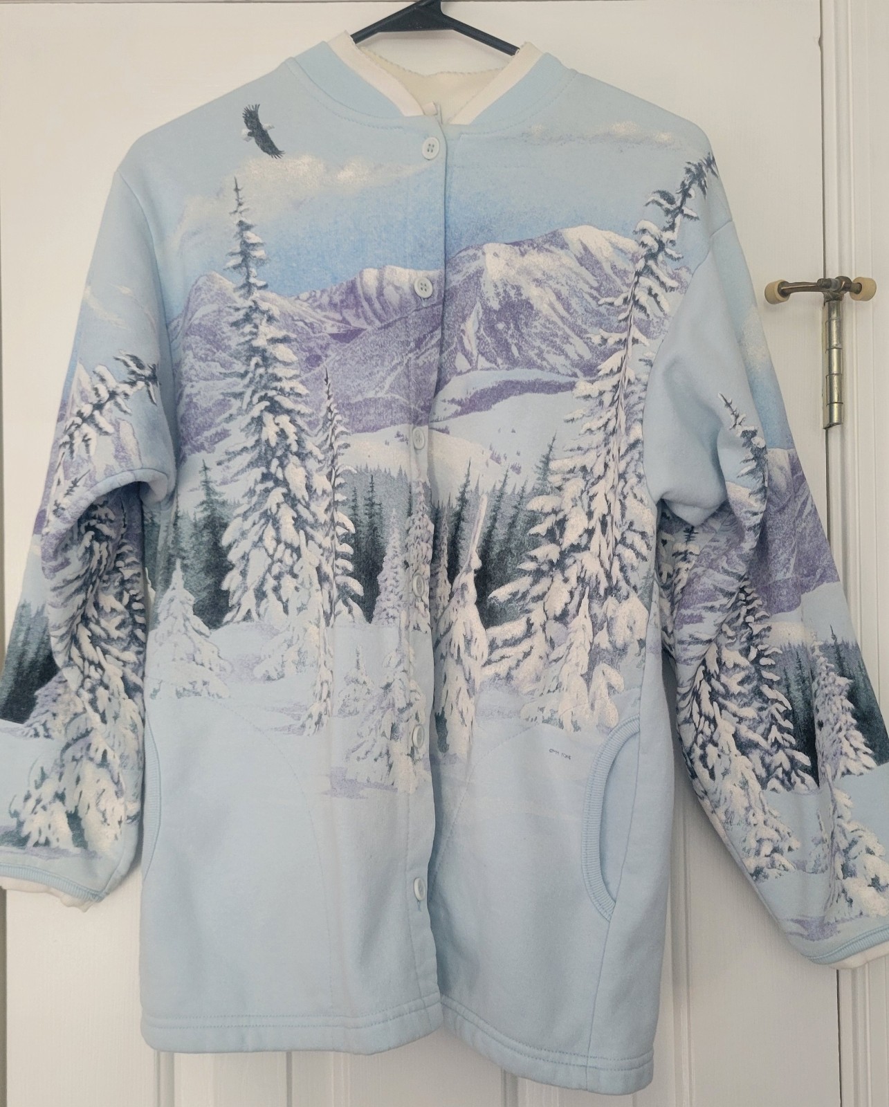 Vtg Artisans Sunschein Womens Medium Button Up Snowy All Over Print Mtns Jacket