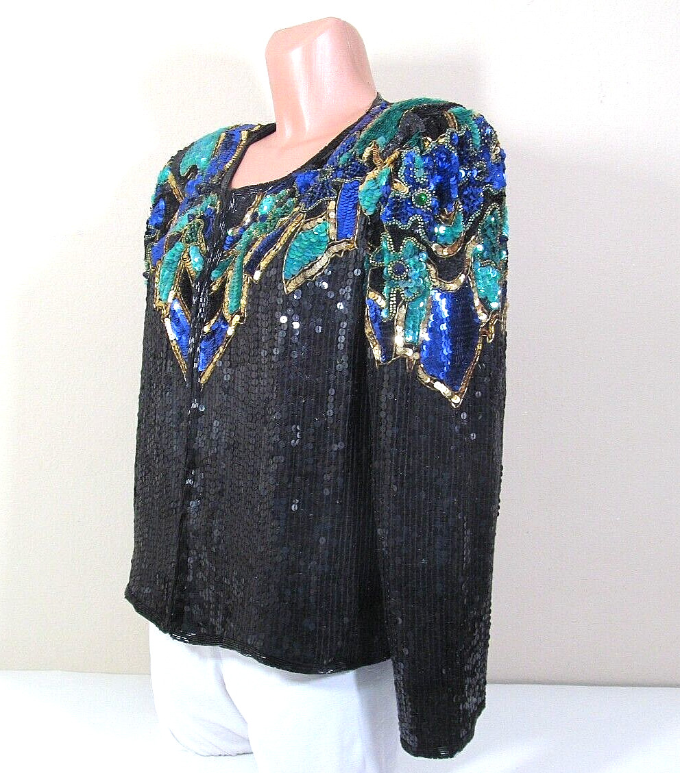 STENAY XL Black Silk Vibrant Multicolor Sequined Beaded L/S Mardi Gras Top