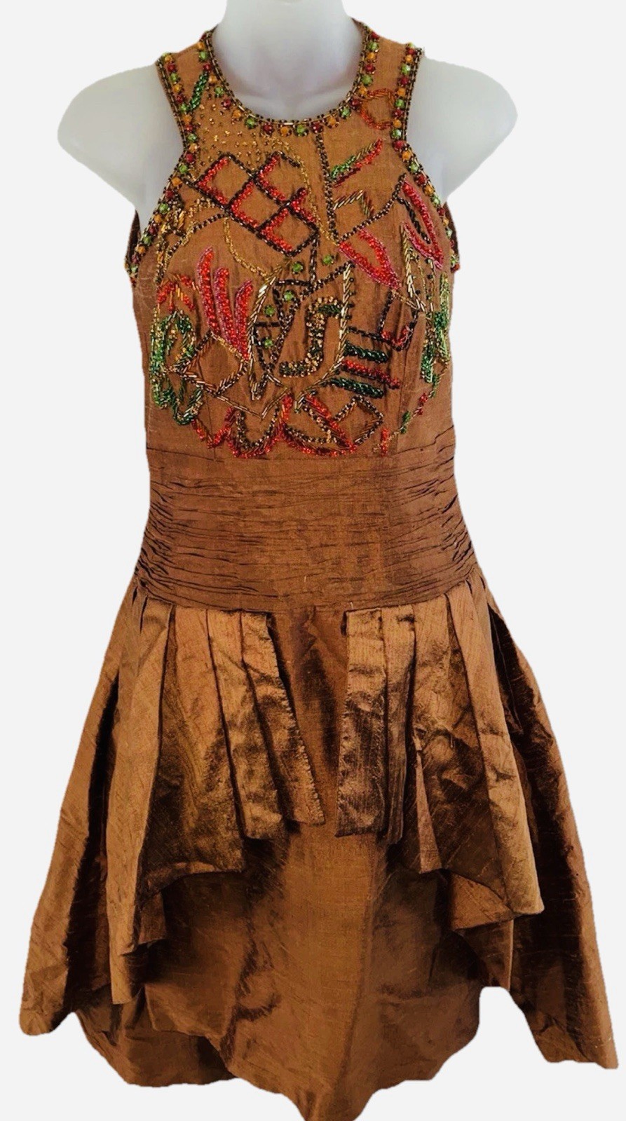 Stunning OOAK 1950s Raw Silk Hand Beaded Copper Bubble Evening Dress Tiered-Sz S