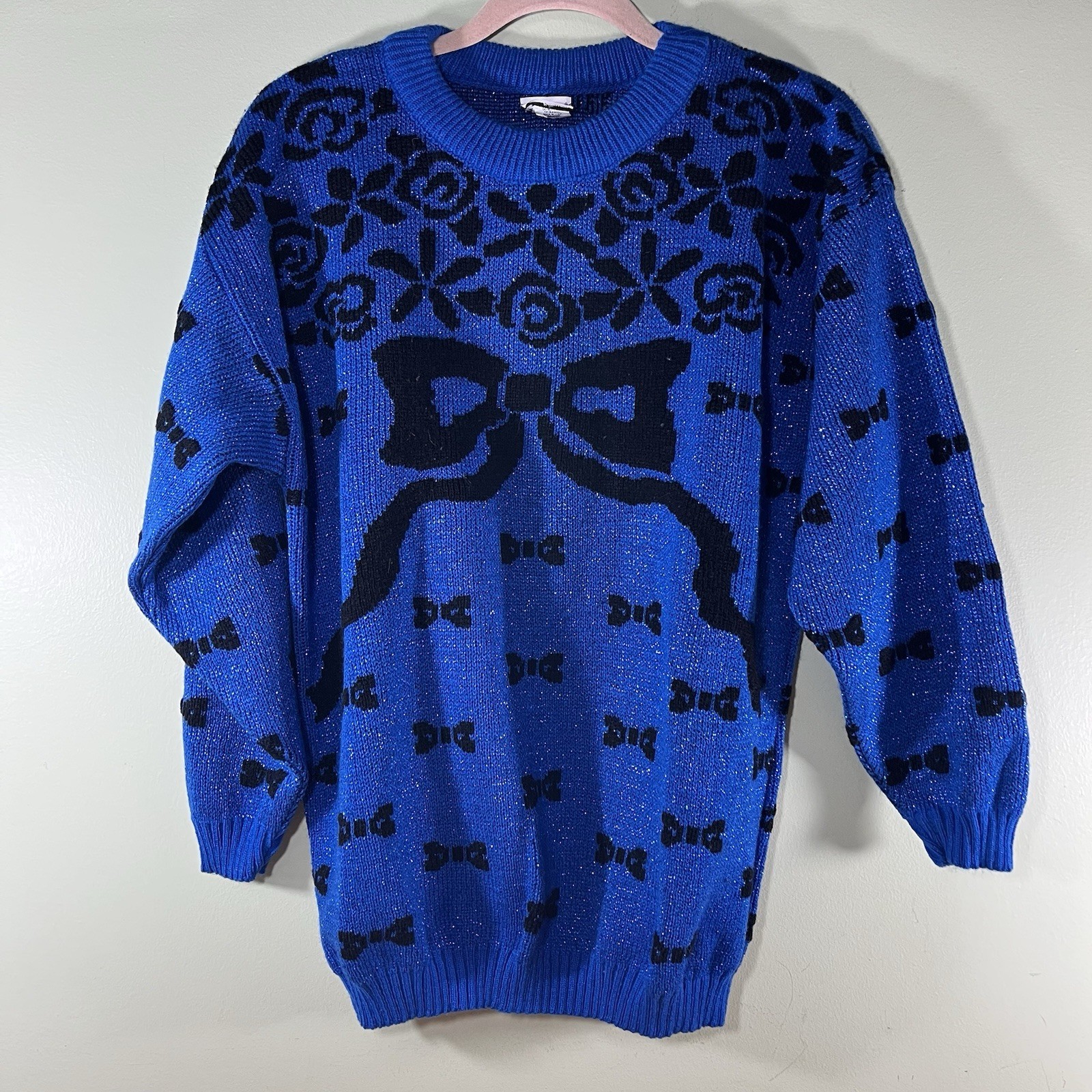 Vintage Glam Sweater 1980’s Blue & Black Glitter & Bows Retro By Renaissance USA