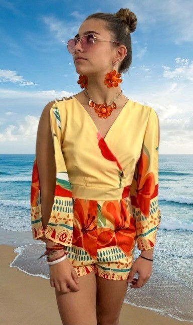 Short Romper Yellow Flower Fantasy Size S Small long Sleeves Wood Beaded Accents