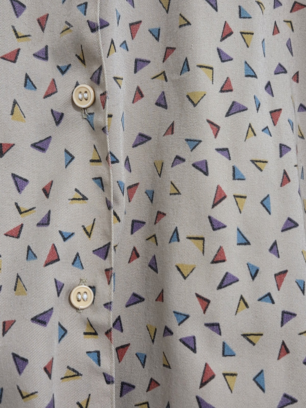 Vintage Just Cristina Button-Up Beige Tan Shirt With Multicolor Triangles Size M