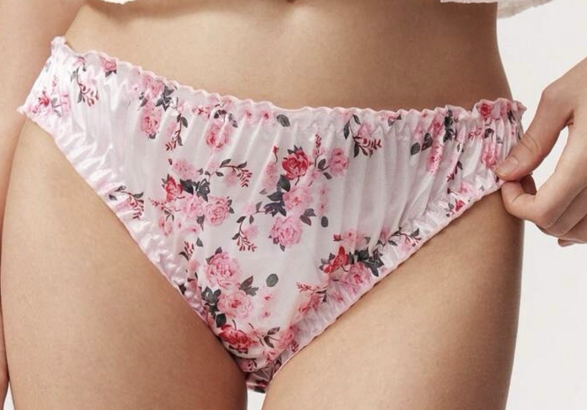 Vtg Style Glossy Floral Satin Ruffled Edge Bikini Brief Panties XL NEW