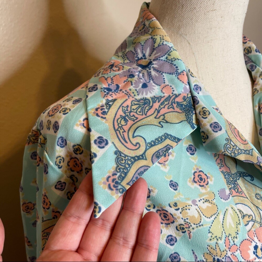 Vintage 1960s Pastel Floral Patchwork Pointed Collared Button Front Dress