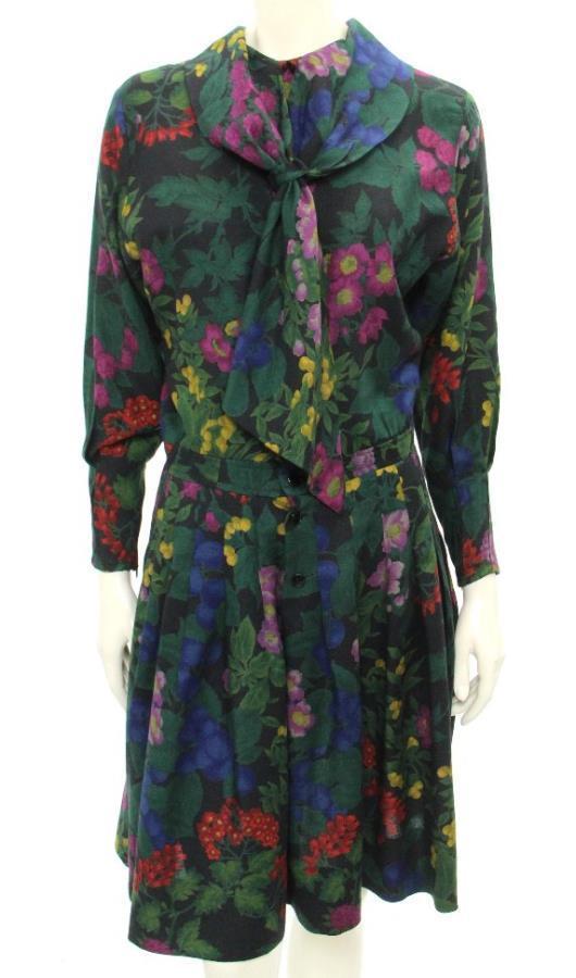 Emanuel Ungaro Black Floral Shawl Bow Collar Dress Vintage 8 (2,4,6) S, XS