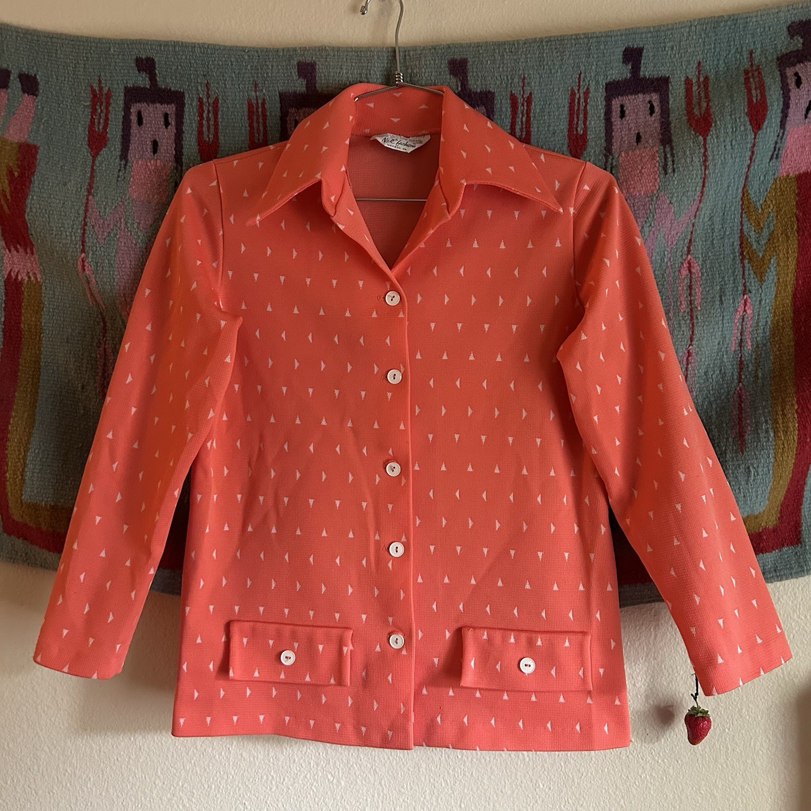 Vintage 70’s NPC Fashions Dagger Collar Triangle Salmon Orange Shirt Shacket M
