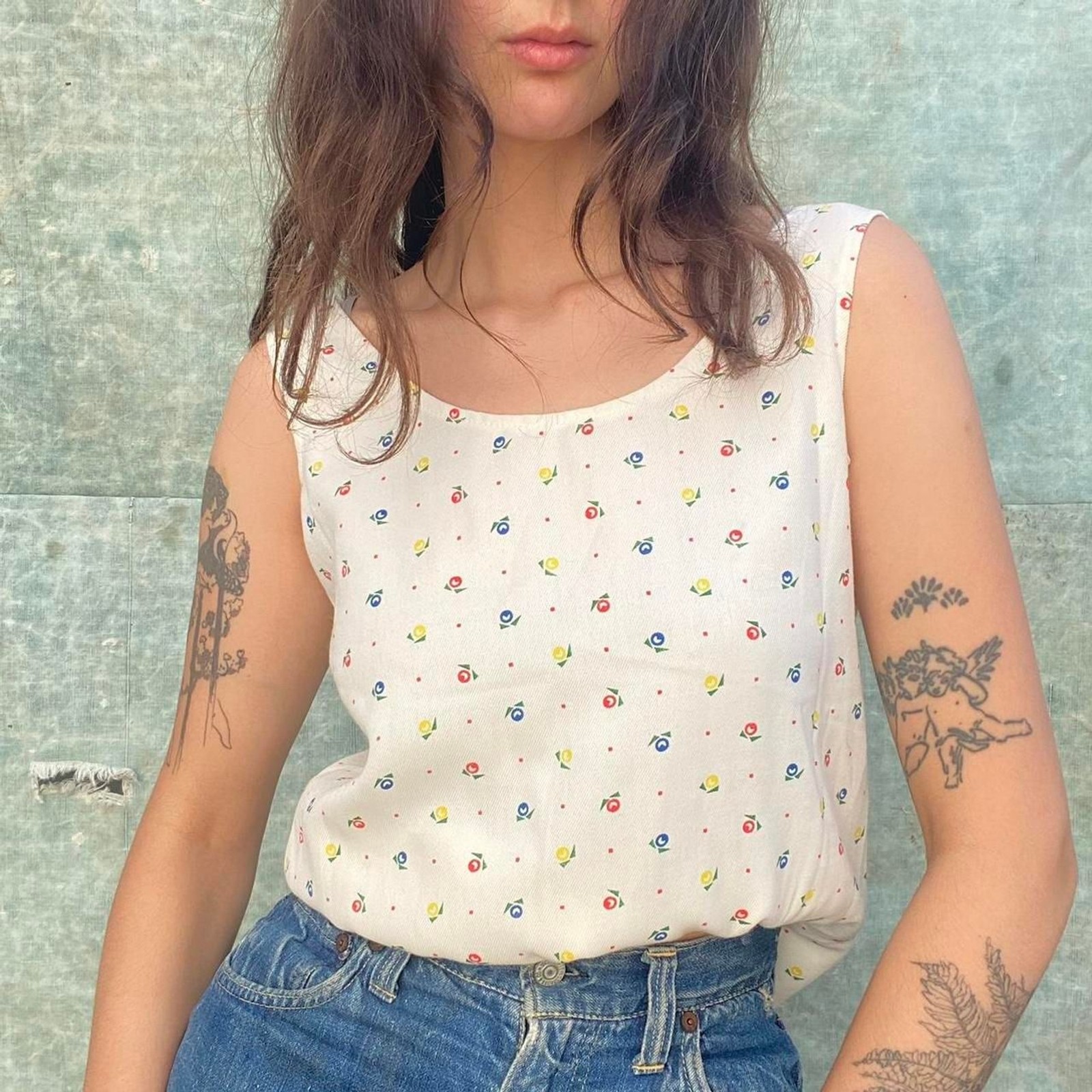 1970s cotton polyester blend floral white tank top