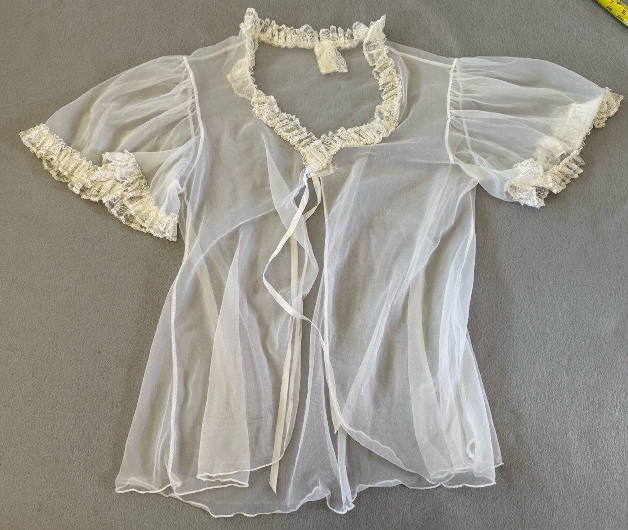 Mayela Vintage Sheer Nylon Babydoll Robe Set Ivory Lace Ruffle Boudoir Lingerie