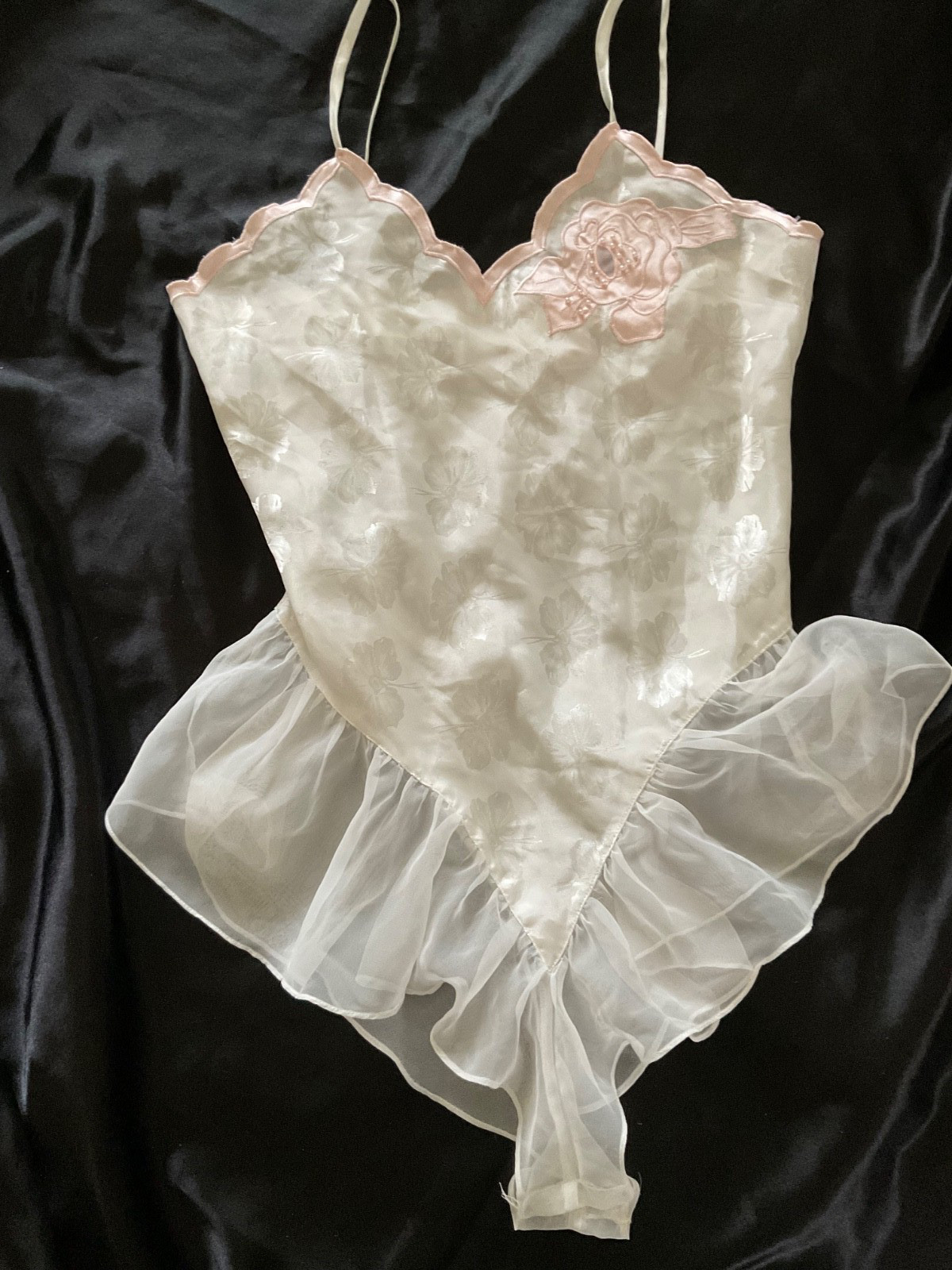 Vtg. Victoria’s Secret White Satin Bodysuit Teddy Chiffon Bridal Nightie Teddie