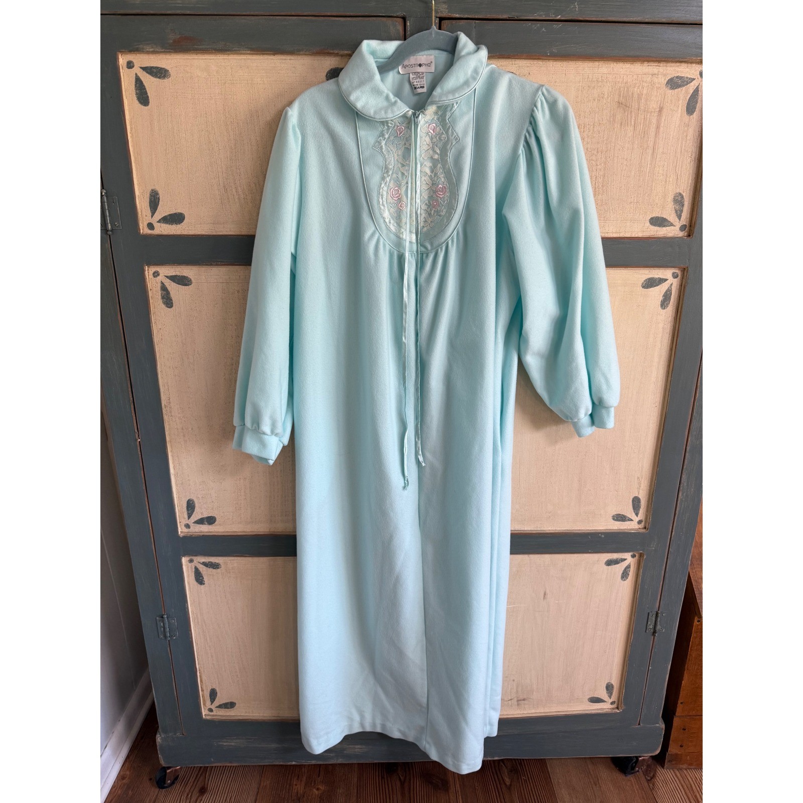 Vintage Apostrophe Sears Robe Blue Fleece Lace Rose Zip Housecoat Medium 12-14