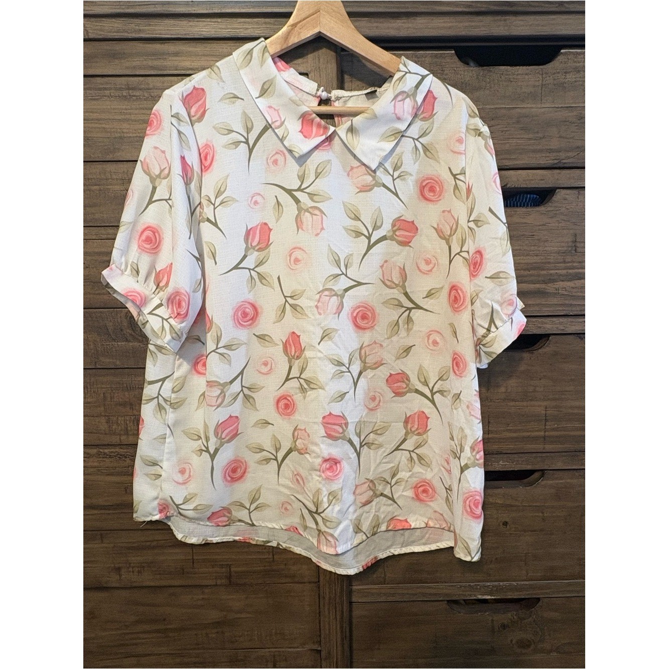 Vintage Style Pink Rose Floral Peter Pan Collar Blouse XL Cottagecore