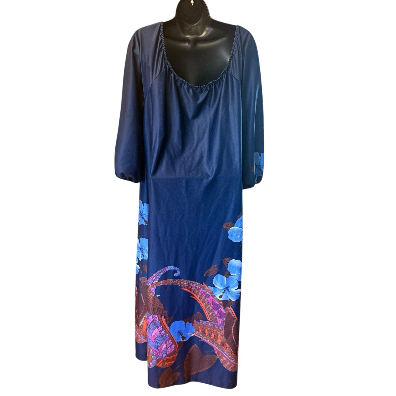 Vtg Sears At Home Wear Caftan House Dress M Mumu Muumu Blue Floral Maxi Lounger