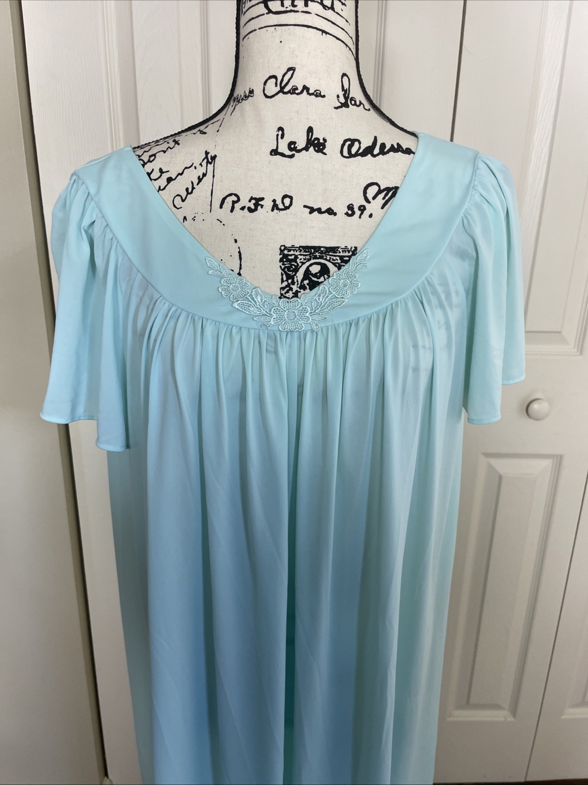Collette By Miss Elaine Blue Flutter Sleeve Gown Floral Decoration At Neck Med