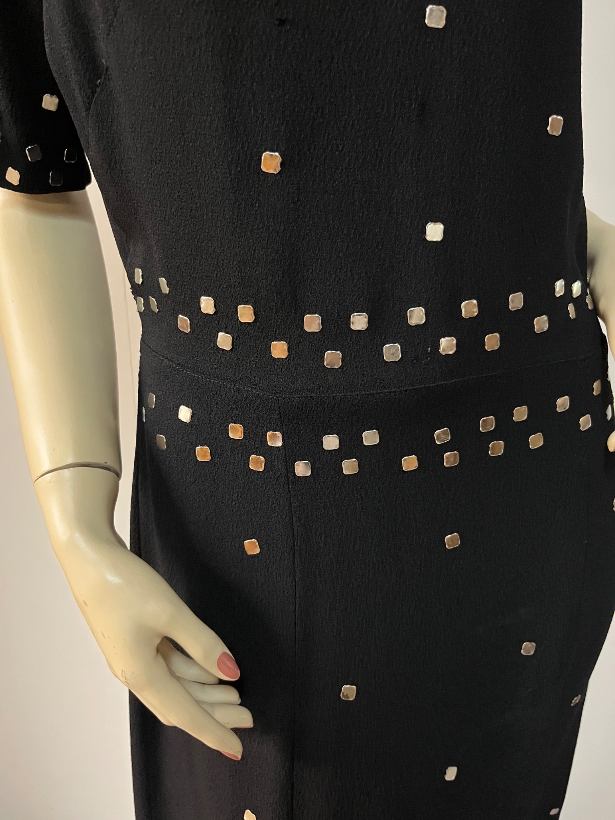 Stunning Prong Set Studded Vintage 1940s Black Rayon Mid Calf Dress Bust 38-39