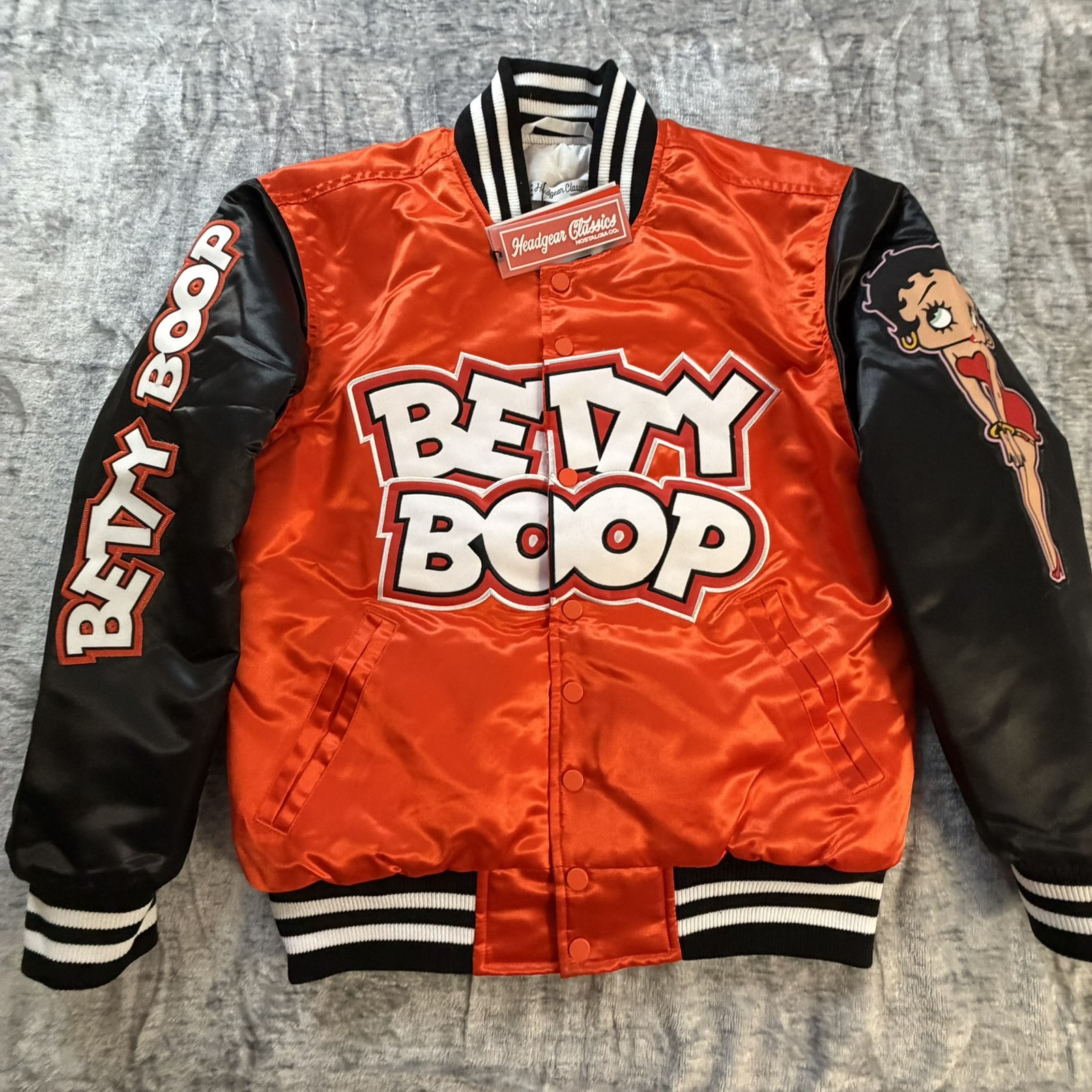 Headgear Classics Betty Boop Satin Bomber Jacket Women&rsquo;s Size S Orange Black