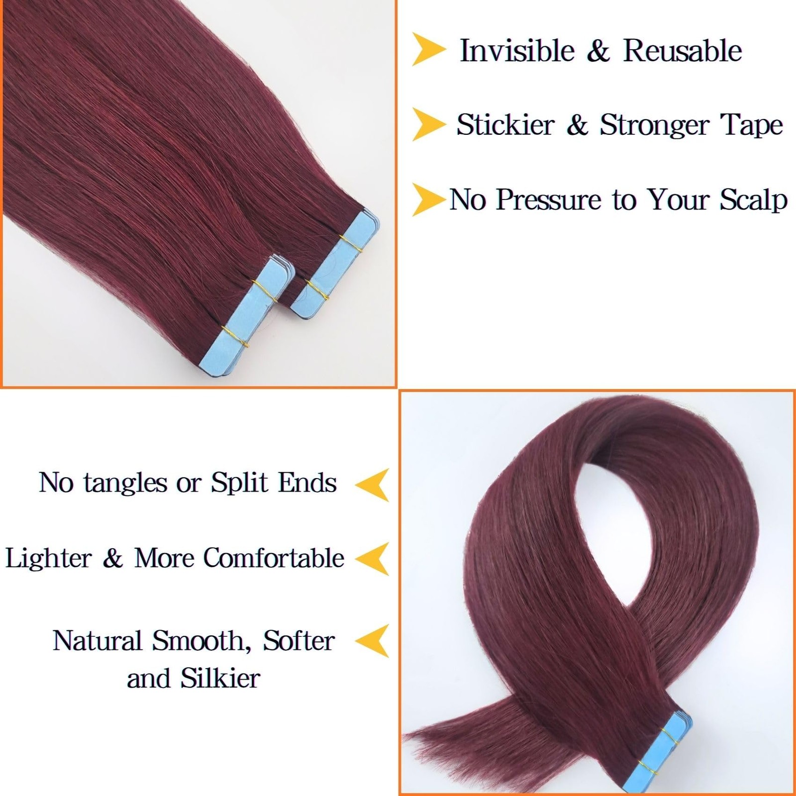 Burgundy 24 Inch Human Hair Extensions Tape-in Straight Remy Hair 20Pcs 50G Cosp
