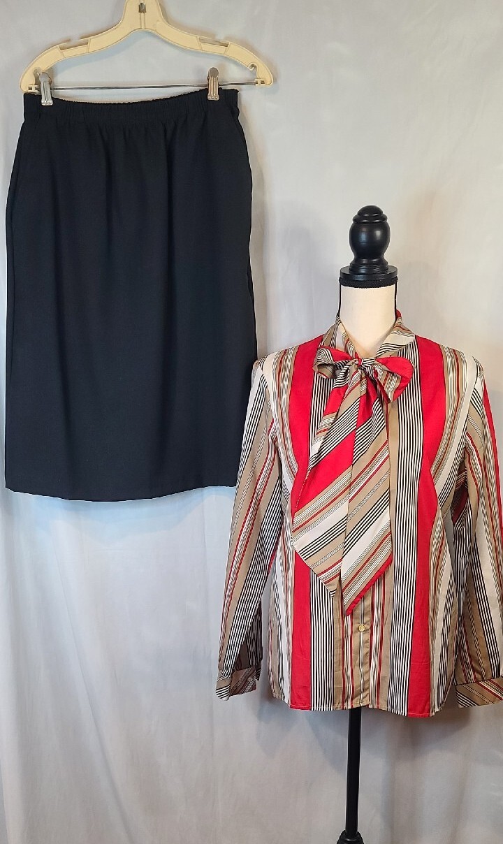 70s Vintage Country Suburbans Red/White/Black/Brown Striped Blouse And Skirt 14