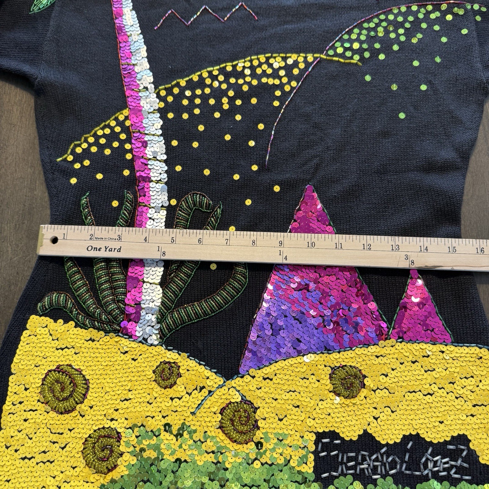 VTG Semplice Sequin Palm Tree Sweater M Black Pop Art Shoulder Pads Beach