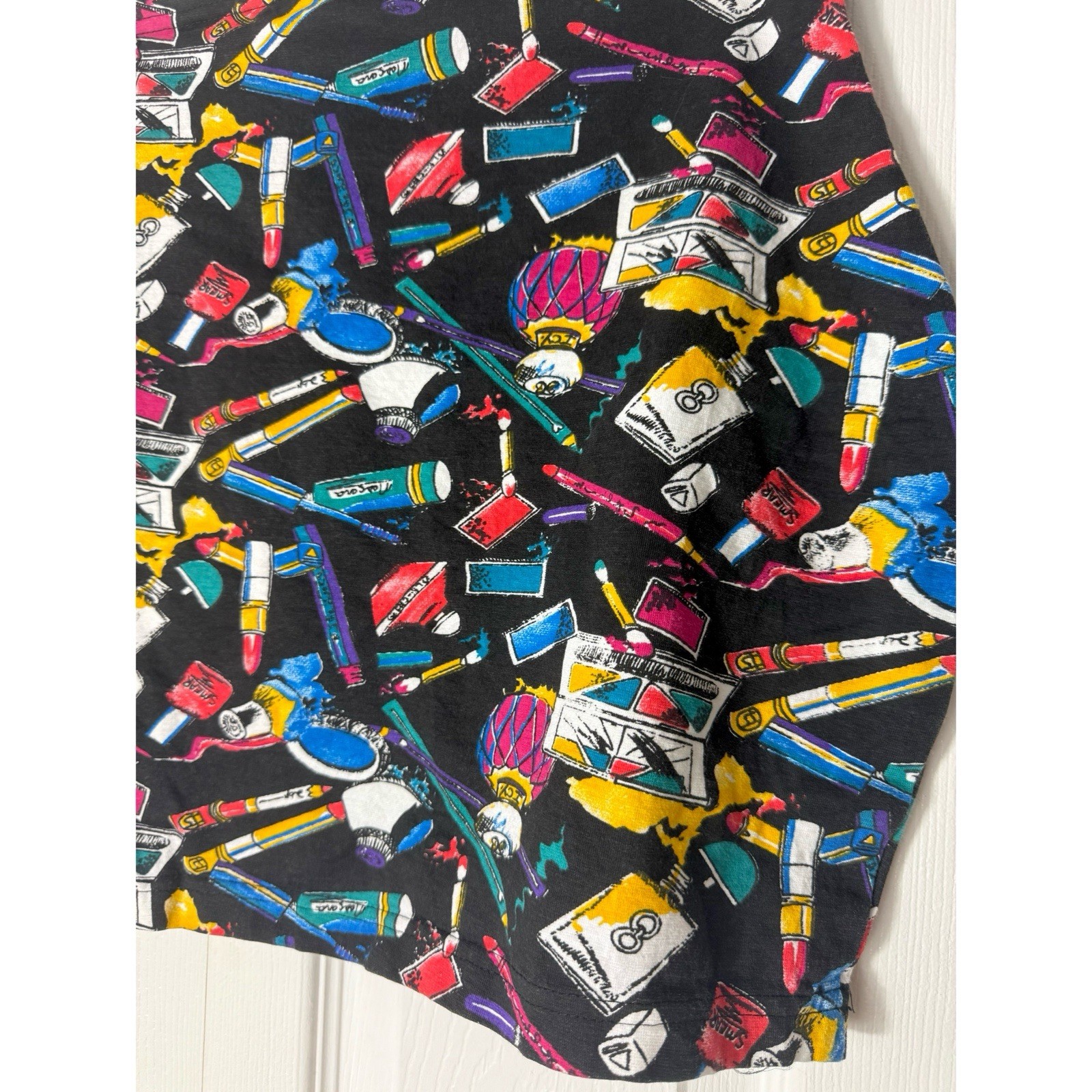 Vintage 80s Equipt Black Makeup Cosmetics Perfume Print Bodycon Mini Skirt Large