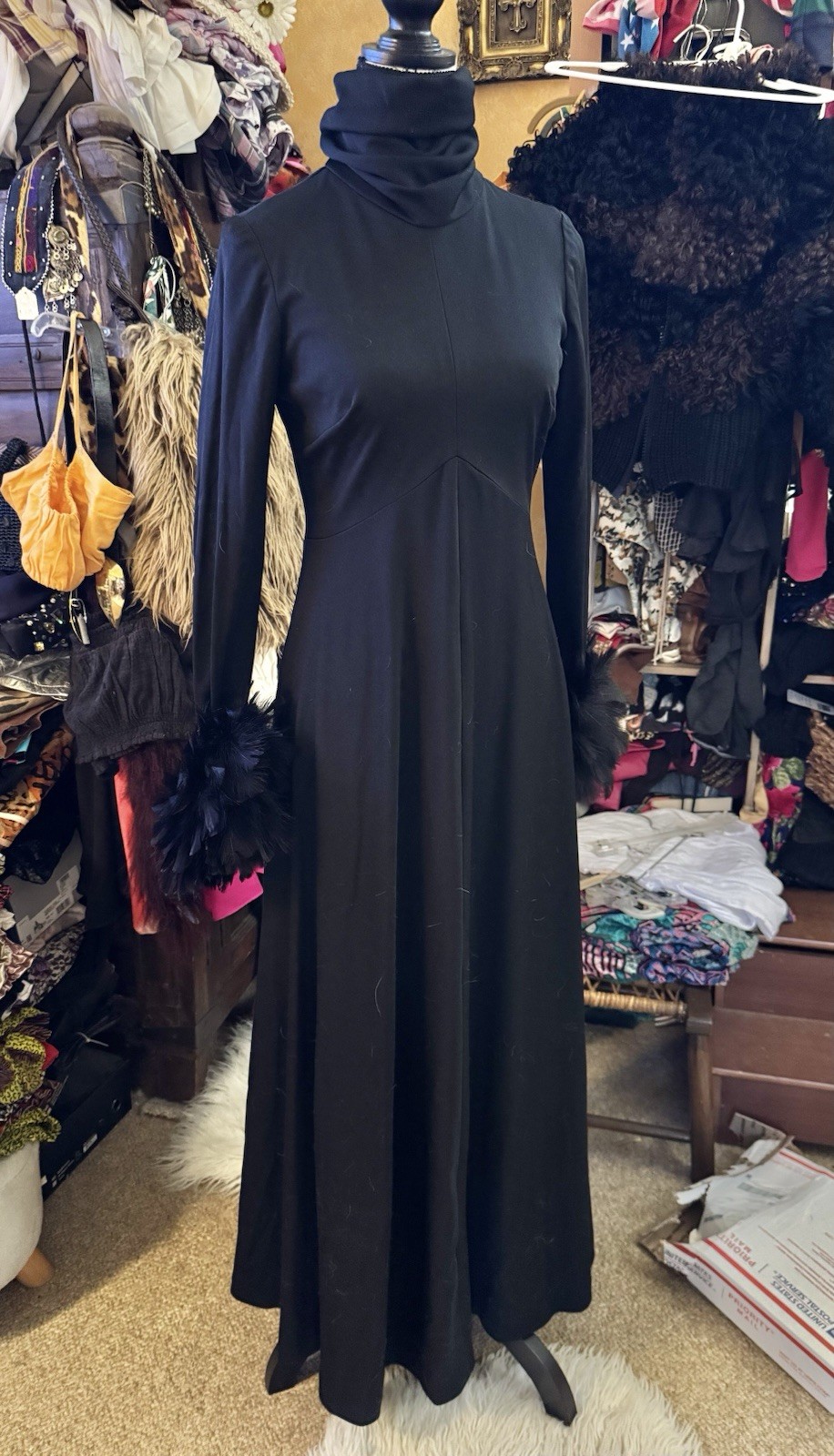 Vtg Joseph Magnin Black Feather Cuff Maxi Dress Goddess Gown Empire 60s 70s S