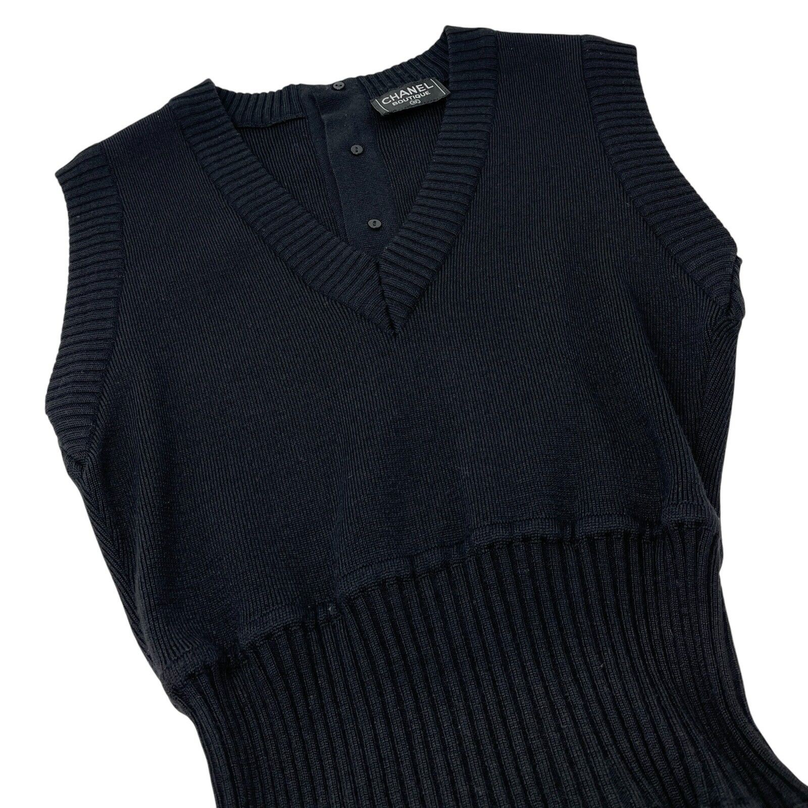 CHANEL Vintage CC Mark Logo Knit Jumpsuit Rompers Sleeveless Button Black 105312