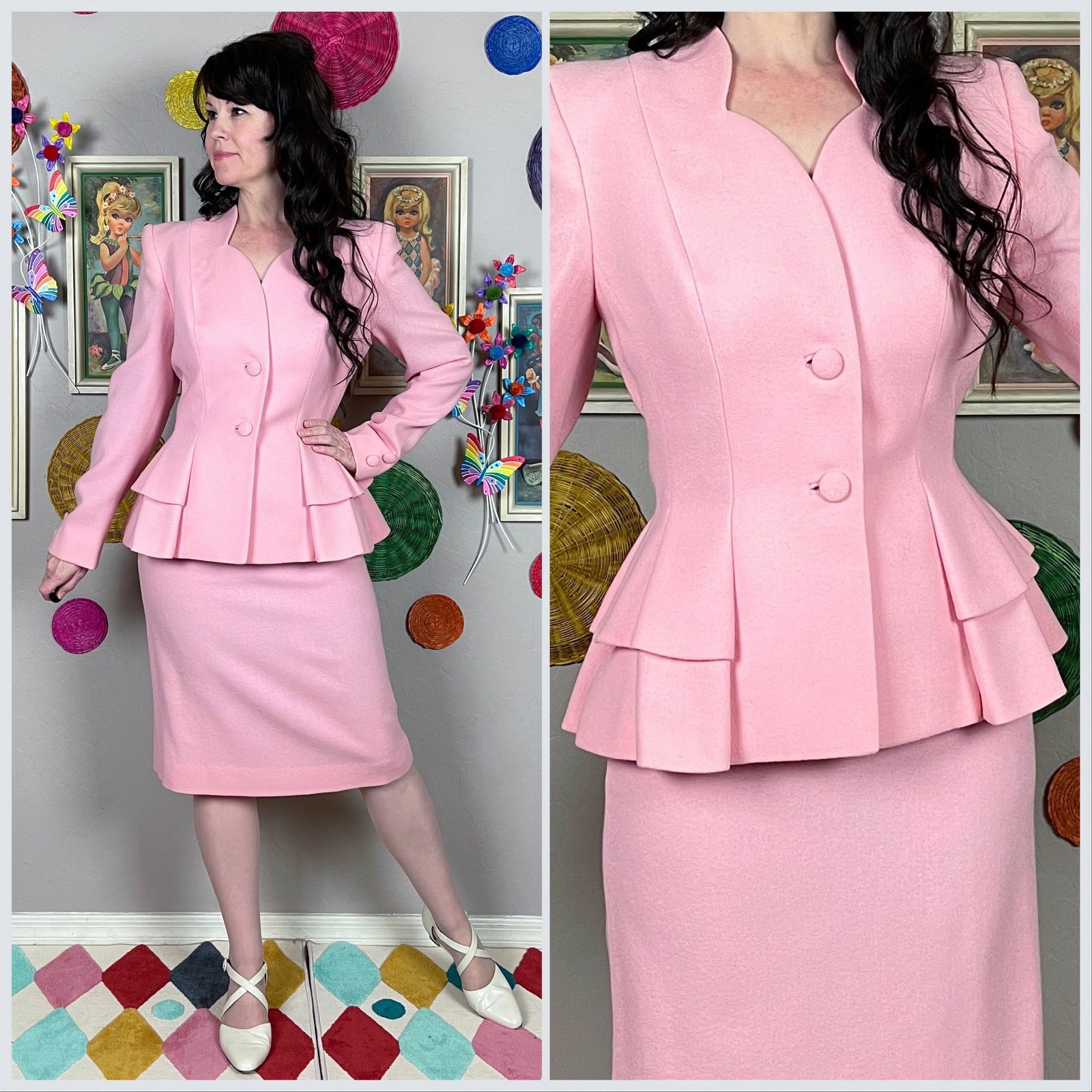 Vintage 1980s Pink Lilli Ann Peplum Jacket and Skirt Suit Set | 24&Prime;-27&Prime; Waist
