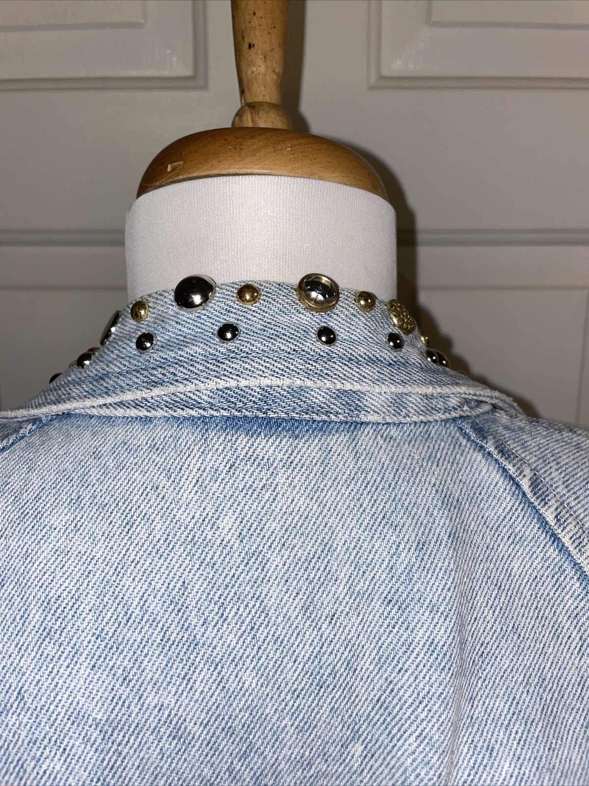 VTG RIO Light Blue Cotton Studded Western Button Denim Jacket Womens Sz S
