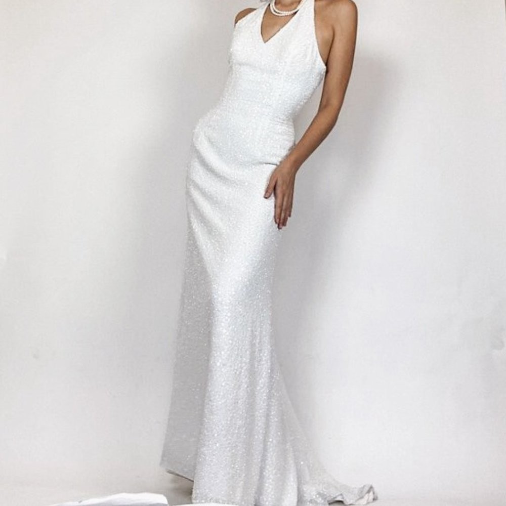 Vintage Alfred Angelo Sequin Halter Floor Length Wedding NYE Vegas Gown