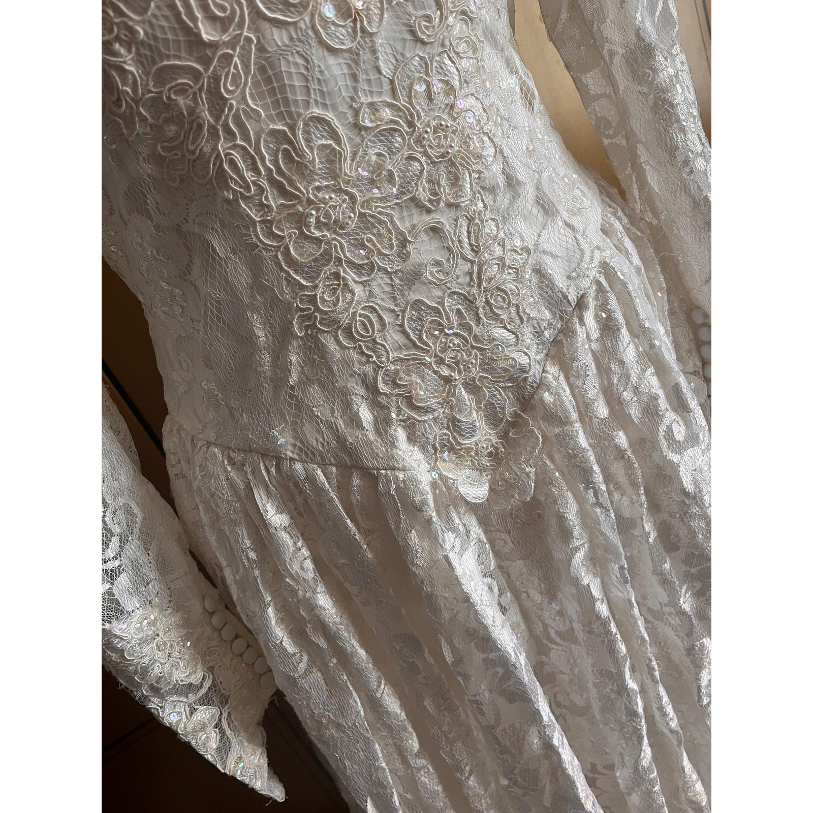 Vintage wedding gown with lace, beads, sequins and train