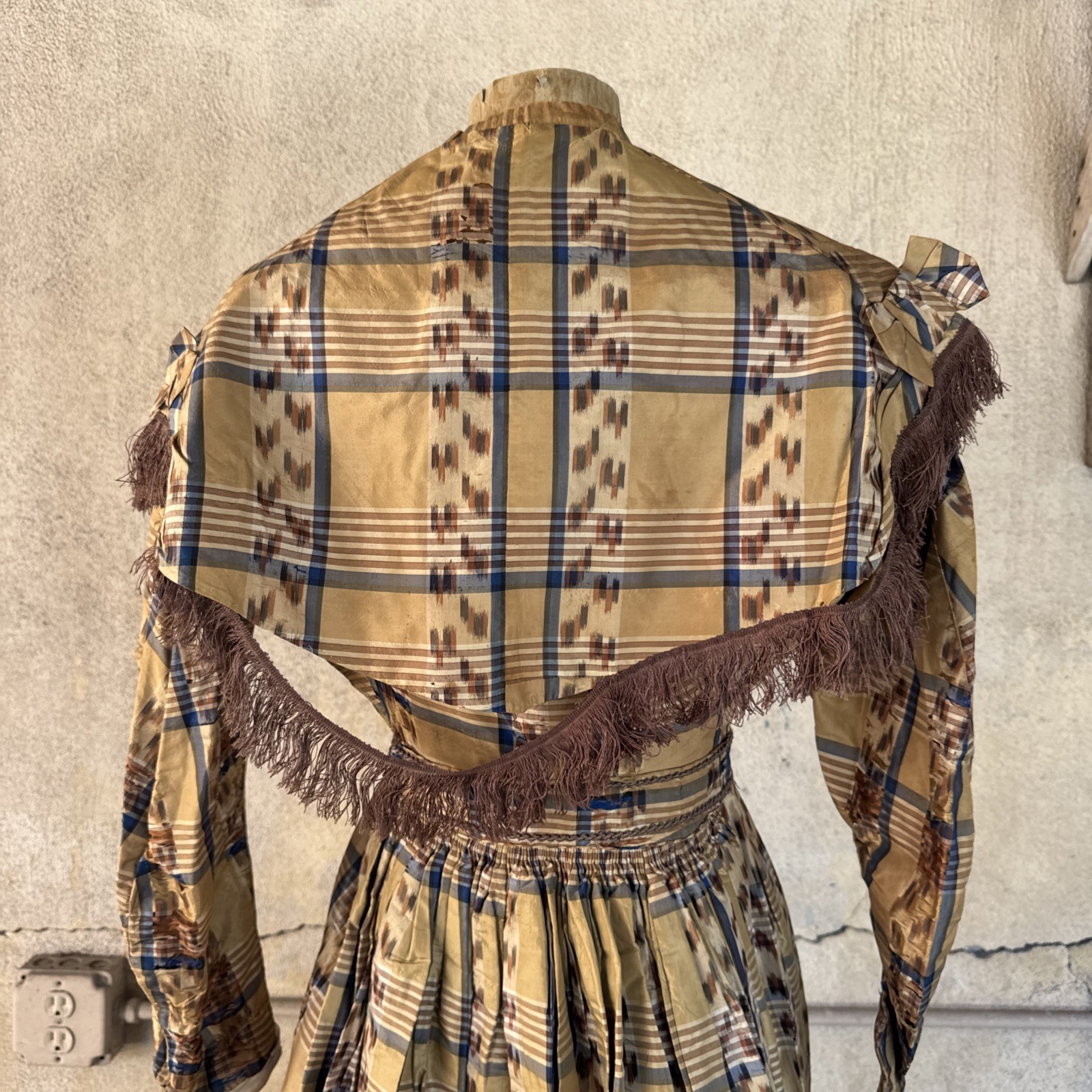 Antique Victorian Brown & Blue Plaid Silk Dress & Cape 1860s Vintage
